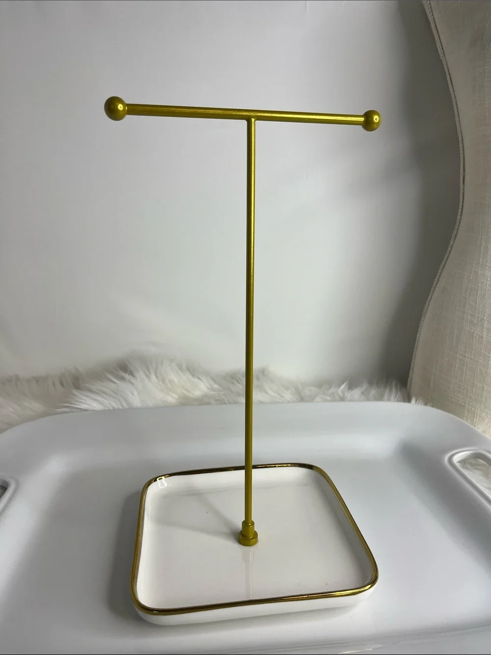 Gold Jewelry Stand with Ceramic White Tray - Home Bath